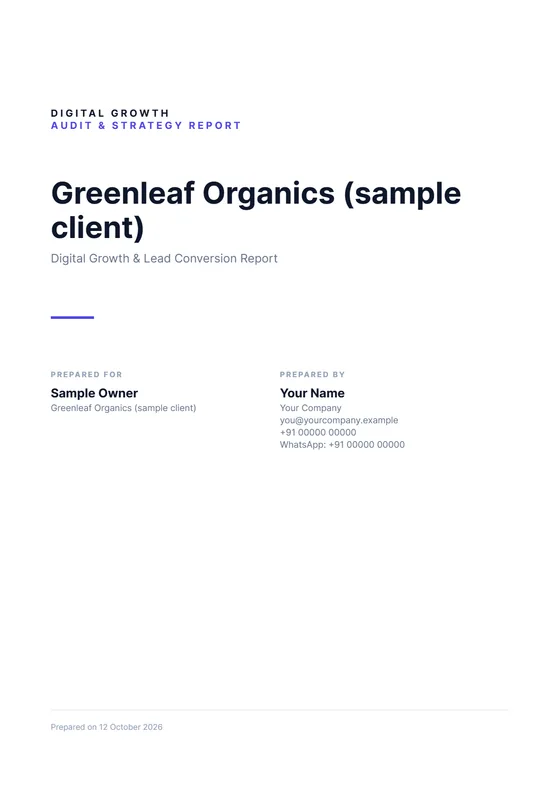 Cover page of the sample report, with the client name and your details