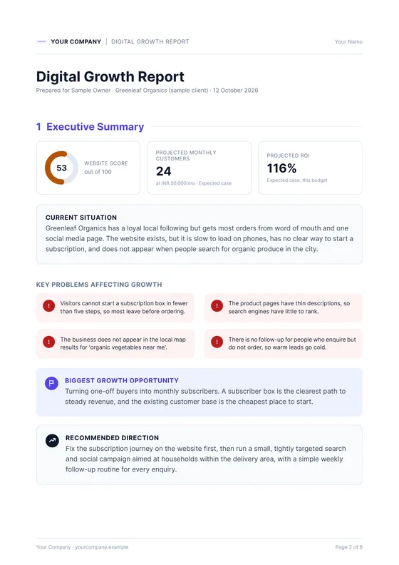 Executive summary page with the website score, projected customers and projected return