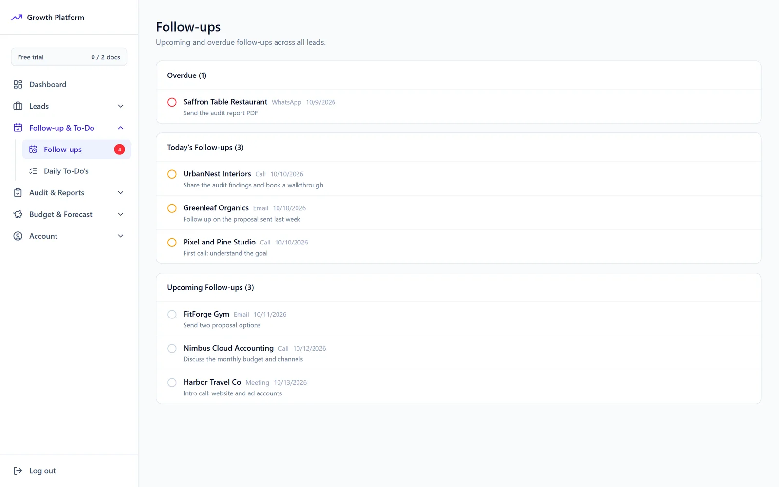 The Follow-ups page grouped into overdue, today and upcoming