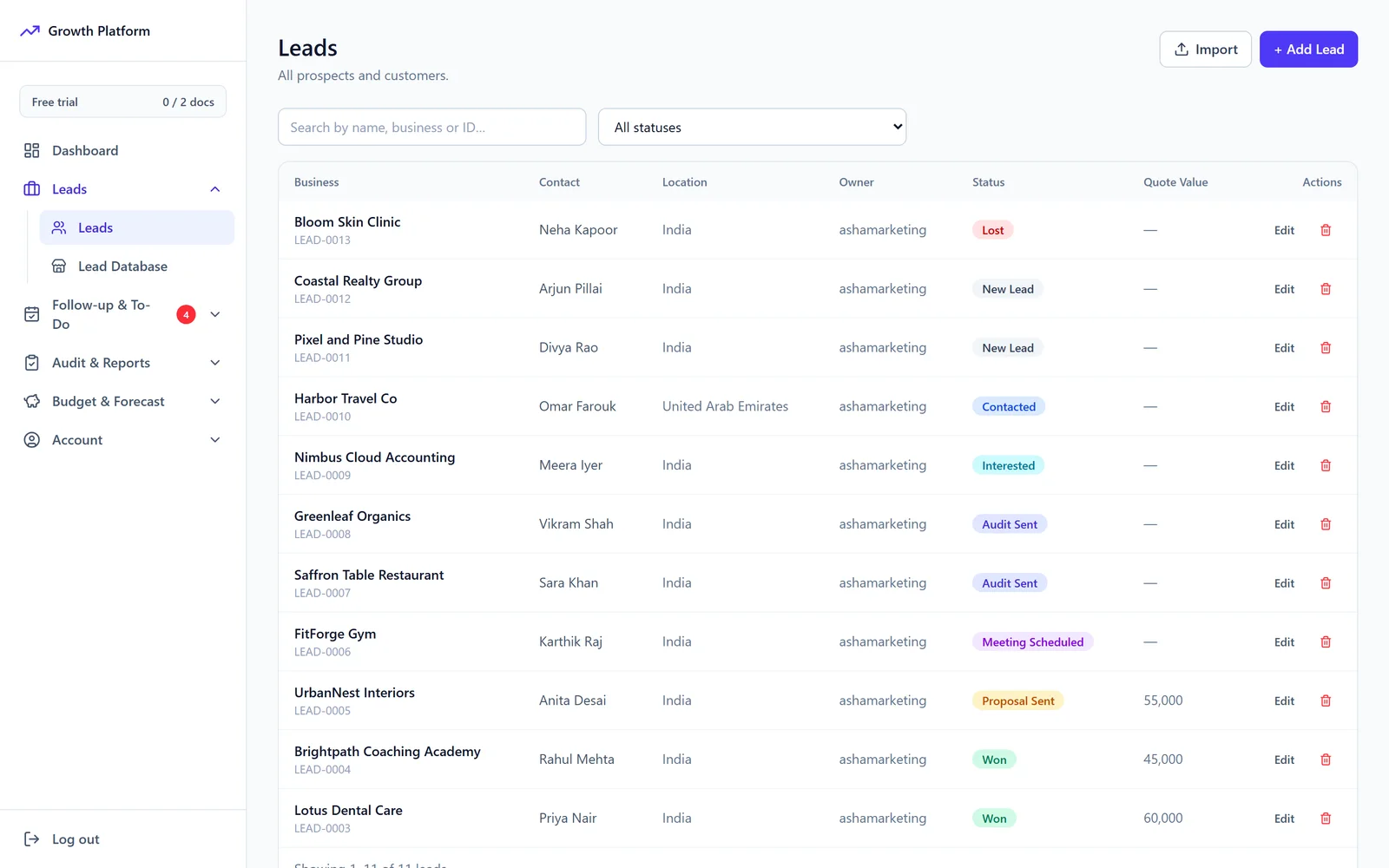 The Leads list with business, contact, location, status and quote value