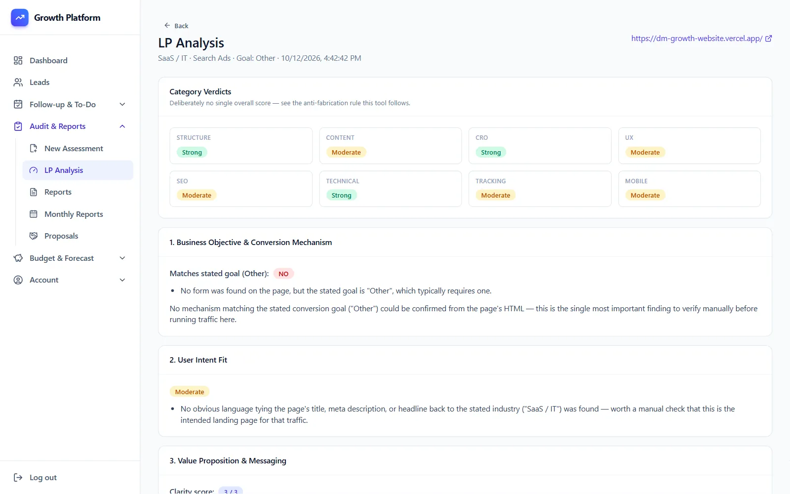 A landing page analysis with a verdict for each category and the evidence taken from the page